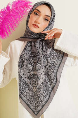Etnik Desenli Şerit Geçişli Eşarp Taş Gri - Başörtüsü