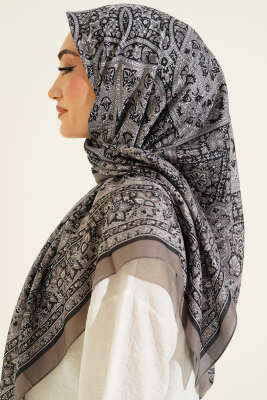 Etnik Desenli Şerit Geçişli Eşarp Taş Gri - Başörtüsü