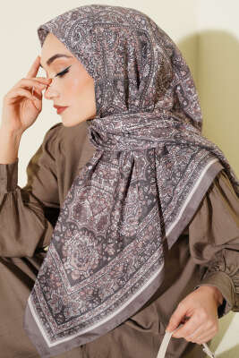 Etnik Desenli Şerit Geçişli Eşarp Vizon - Başörtüsü