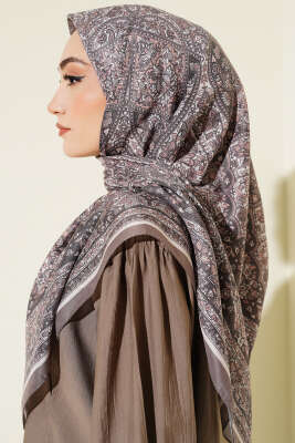 Etnik Desenli Şerit Geçişli Eşarp Vizon - Başörtüsü