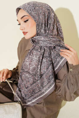 Etnik Desenli Şerit Geçişli Eşarp Vizon 