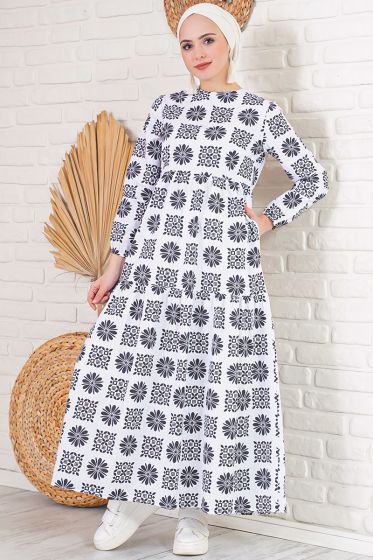 Etnik Desenli Siyah Elbise - Tesettür Elbise