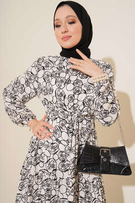 Etnik Desenli Tünelli İp Bağlamalı Elbise Beyaz - Tesettür Elbise