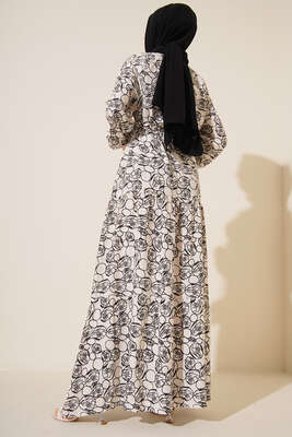 Etnik Desenli Tünelli İp Bağlamalı Elbise Beyaz - Tesettür Elbise