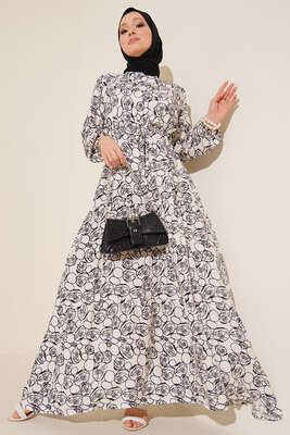 Etnik Desenli Tünelli İp Bağlamalı Elbise Beyaz 