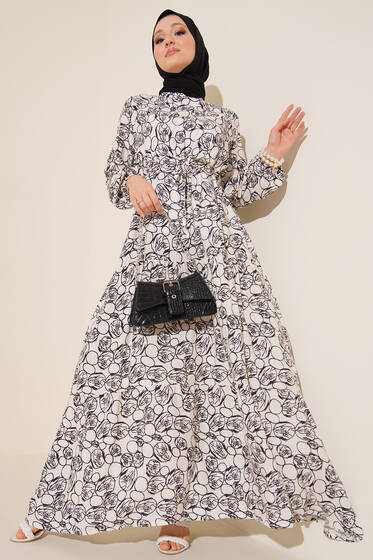 Etnik Desenli Tünelli İp Bağlamalı Elbise Beyaz - Tesettür Elbise