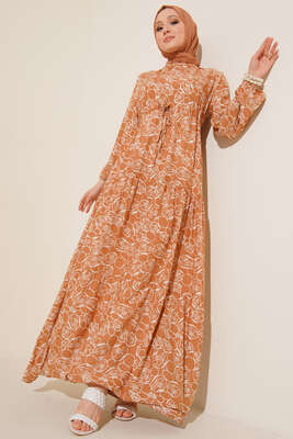 Etnik Desenli Tünelli İp Bağlamalı Elbise Camel 