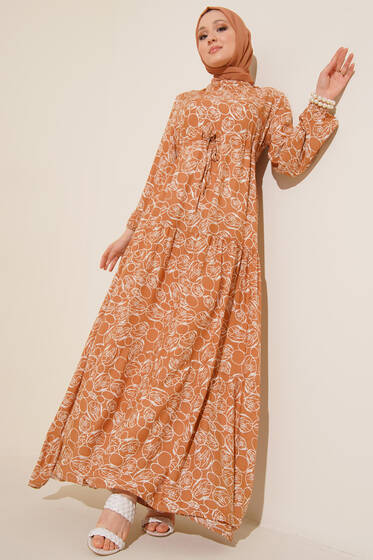 Etnik Desenli Tünelli İp Bağlamalı Elbise Camel - Tesettür Elbise