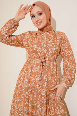 Etnik Desenli Tünelli İp Bağlamalı Elbise Camel - Tesettür Elbise