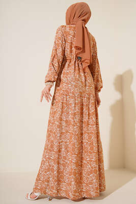 Etnik Desenli Tünelli İp Bağlamalı Elbise Camel - Tesettür Elbise