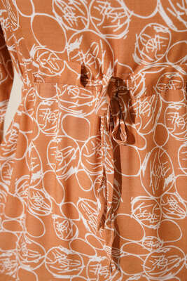 Etnik Desenli Tünelli İp Bağlamalı Elbise Camel - Tesettür Elbise