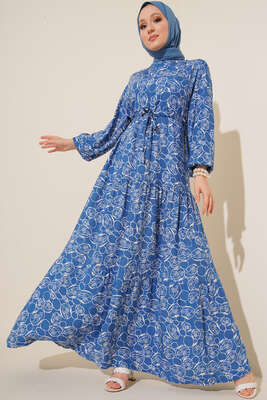 Etnik Desenli Tünelli İp Bağlamalı Elbise İndigo 