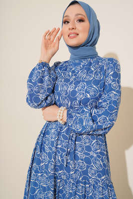 Etnik Desenli Tünelli İp Bağlamalı Elbise İndigo - Tesettür Elbise