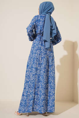 Etnik Desenli Tünelli İp Bağlamalı Elbise İndigo - Tesettür Elbise