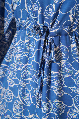 Etnik Desenli Tünelli İp Bağlamalı Elbise İndigo - Tesettür Elbise