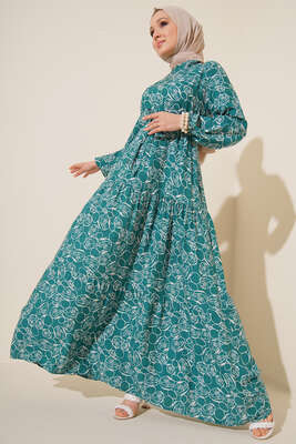 Etnik Desenli Tünelli İp Bağlamalı Elbise Petrol 