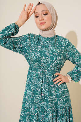 Etnik Desenli Tünelli İp Bağlamalı Elbise Petrol - Tesettür Elbise