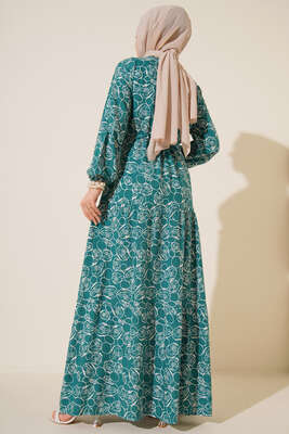 Etnik Desenli Tünelli İp Bağlamalı Elbise Petrol - Tesettür Elbise