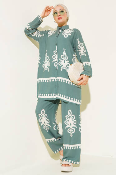Etnik Desenli Viskon İkili Takım Çağla Yeşili - İkili Takım