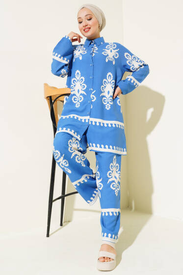 Etnik Desenli Viskon İkili Takım Mavi - İkili Takım