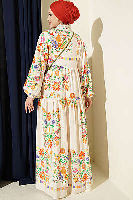 Etnik Desenli Yarım Düğmeli Elbise Bej - Elbise