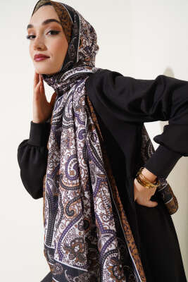 Etnik Motif Desenli Şal Siyah Camel - Başörtüsü