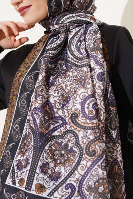 Etnik Motif Desenli Şal Siyah Camel - Başörtüsü