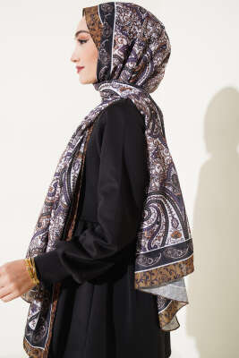 Etnik Motif Desenli Şal Siyah Camel - Başörtüsü