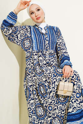 Etnik Motifli Düğmeli Kloş Elbise İndigo - Tesettür Elbise