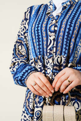 Etnik Motifli Düğmeli Kloş Elbise İndigo - Tesettür Elbise