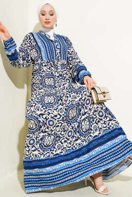 Etnik Motifli Düğmeli Kloş Elbise İndigo 