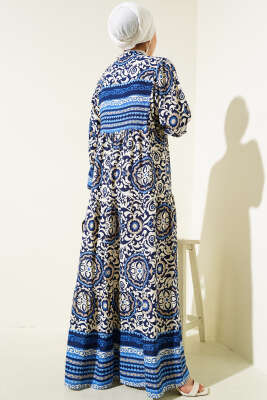 Etnik Motifli Düğmeli Kloş Elbise İndigo - Tesettür Elbise