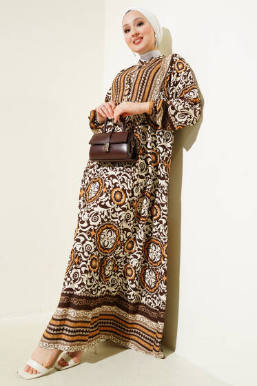 Etnik Motifli Düğmeli Kloş Elbise Kahve - Elbise