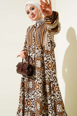 Etnik Motifli Düğmeli Kloş Elbise Kahve - Tesettür Elbise