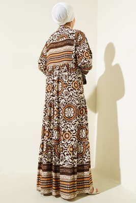 Etnik Motifli Düğmeli Kloş Elbise Kahve - Tesettür Elbise