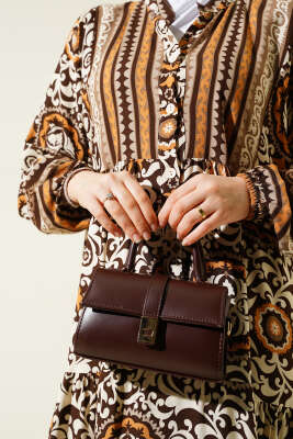 Etnik Motifli Düğmeli Kloş Elbise Kahve - Tesettür Elbise