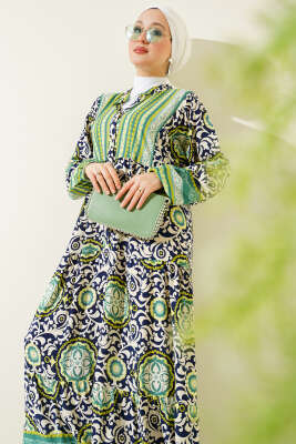 Etnik Motifli Düğmeli Kloş Elbise Yağ Yeşili - Tesettür Elbise