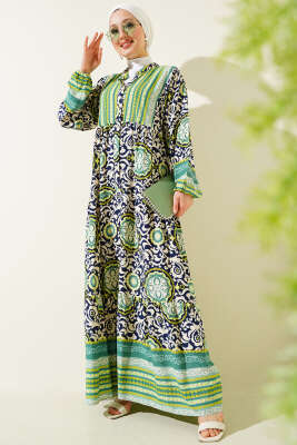 Etnik Motifli Düğmeli Kloş Elbise Yağ Yeşili - ASME
