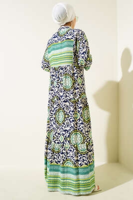 Etnik Motifli Düğmeli Kloş Elbise Yağ Yeşili - Tesettür Elbise