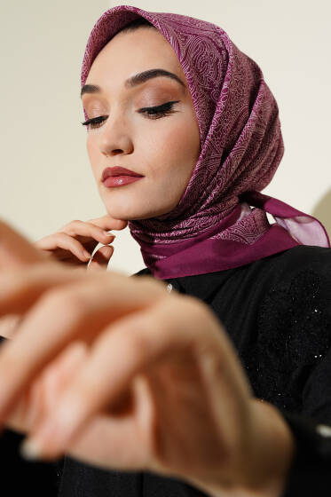 Etnik Motifli Eşarp Mürdüm - Başörtüsü