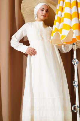 Etnik Nakış Detaylı Elbise Beyaz - Tesettür Elbise