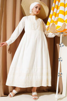 Etnik Nakış Detaylı Elbise Beyaz - Tesettür Elbise