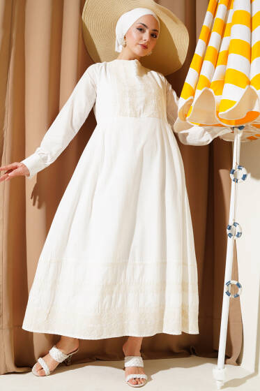 Etnik Nakış Detaylı Elbise Beyaz - Tesettür Elbise