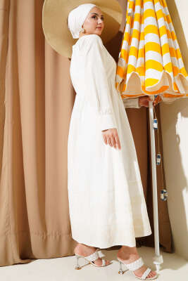 Etnik Nakış Detaylı Elbise Beyaz - Tesettür Elbise