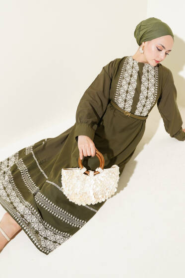 Etnik Nakış Detaylı Elbise Haki - Elbise