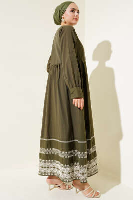 Etnik Nakış Detaylı Elbise Haki - Tesettür Elbise