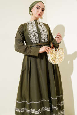 Etnik Nakış Detaylı Elbise Haki - Tesettür Elbise