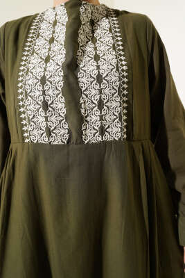 Etnik Nakış Detaylı Elbise Haki - Tesettür Elbise