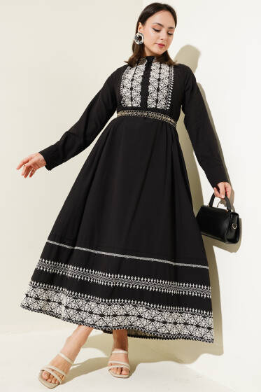 Etnik Nakış Detaylı Elbise Siyah - Elbise