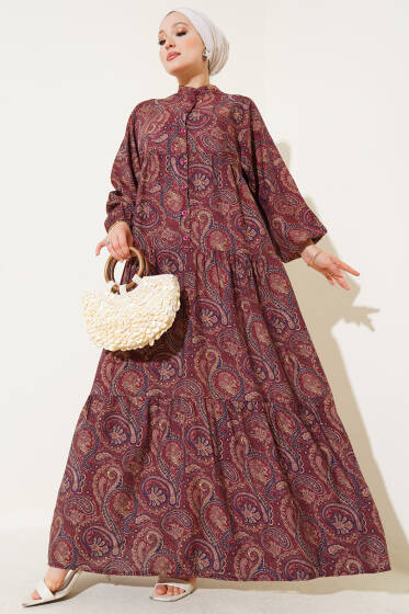 Etnik Paisley Desen Düğmeli Elbise Bordo - Elbise